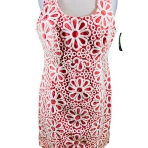 INC International Coral & White Embroidered Summer Sheath Dress - Size 16